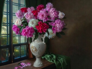 Still life with bouquet of peony flowers