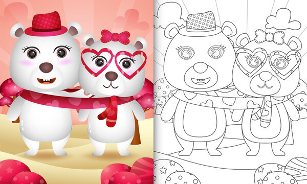 coloring book for kids with Cute valentine's day polar bear couple illustrated