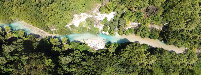 Aerial drone ultra wide photo of beautiful nature in famous river of Aherontas in Thesprotia, Epirus, Greece