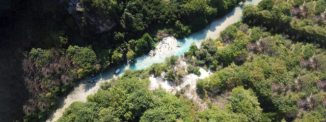 Aerial drone ultra wide photo of beautiful nature in famous river of Aherontas in Thesprotia,...