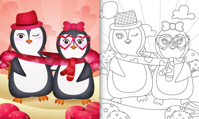 Fototapeta premium coloring book for kids with Cute valentine's day penguin couple illustrated
