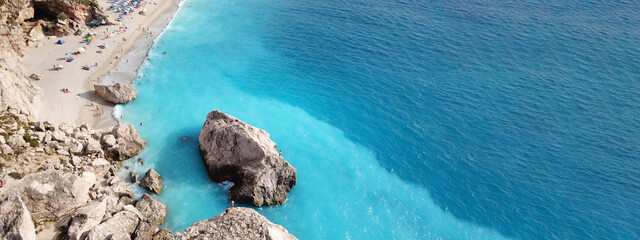 Aerial drone ultra wide photo of famous paradise beach of Kathisma with crystal clear turquoise...