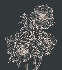 Anemone flowers isolated. Vector botanical illustration. Bohemian wedding inwitation. Spring holiday. Hand drawn artwork. Dark grey, pink pastel colors