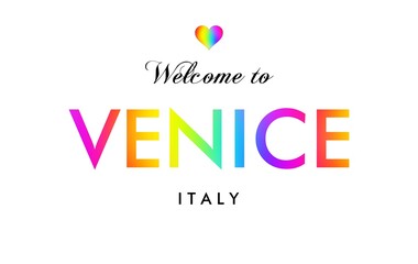 Welcome to Venice Italy card and letter design in rainbow color.