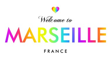 Welcome to Marseille France card and letter design in rainbow color.