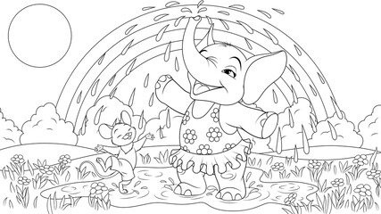 Fototapeta premium Vector illustration, baby elephant with a mouse having fun in the sun