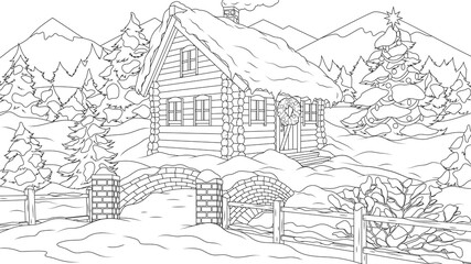 Fototapeta na wymiar Vector illustration, a house in the forest for the new year