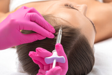 Cosmetologist does injections therapy against hair loss and anti-dandruff of a beautiful woman in a...