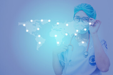Obraz premium Dot World Map and Background of the Colid 19 Outbreak. Vector file available.Symbol for the spread of coronary disease.