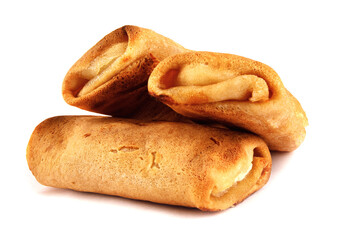 Pancakes stuffed with cottage cheese are isolated on a white background.