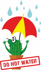 Cute succulent or cactus plant in ceramic pot with umbrella, watering flowers concept
