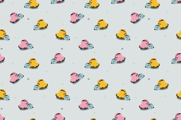 Fototapeta na wymiar Baby seamless pattern of cute flying smiling butterflies, and doodles of hearts on a gray background. For girly clothes, wrapping paper, nursery wallpaper. Vector.