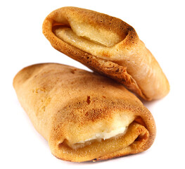 Pancakes stuffed with cottage cheese are isolated on a white background.