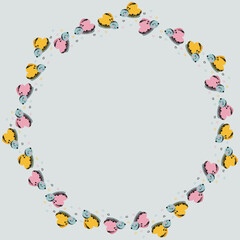 The baby round frame of cute flying smiling butterflies, and doodles of hearts on a gray background. For the banner, nursery poster, cover, template for text. Vector.