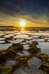 vertical view of a beautiful sunset over the ocean with rocky beach and tidal pools in the foreground