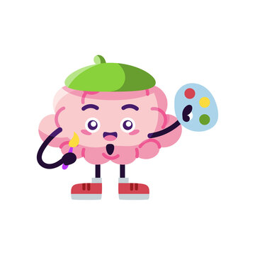 Isolated brain cartoon with an artist hat and paints - Vector illustration