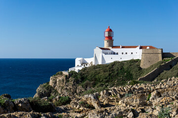 view of the lighthouse at Cabo da Sao Vicente on the Algarve coast of Portugal