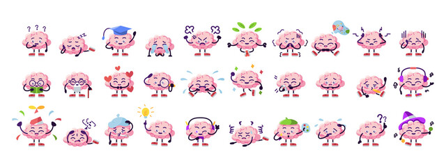Set of brain cartoons with different emotions - Vector illustration