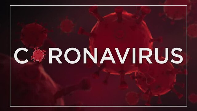 2D Motion Graphics Text Animation Of Coronavirus. White Text. 3D CGI Animation Of Covid 19 Virus Cells Floating In The Bloodstream. Microscopic View.