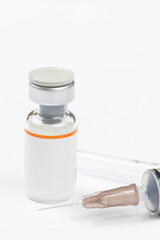 Vaccine bottle above white background with copy space Covid19 Coronavirus