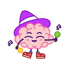 Isolated brain cartoon with a hat enjoying music - Vector illustration