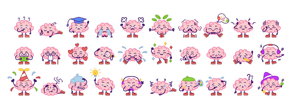 Set of brain cartoons with different emotions - Vector illustration