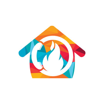 Hot call vector logo design concept. Handset and fire with home icon.