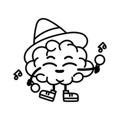 Isolated brain cartoon with a hat enjoying music - Vector illustration