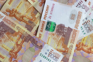 Texture of Russian rubles banknotes with a face value of five thousand. The view from the top. Money