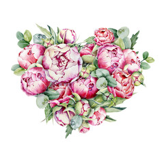 Flower arrangement, a bouquet of peonies in the shape of a heart. Watercolor hand drawn illustration isolated on white background. Design Valentine's Day, birthday, wedding, invitation, postcard.