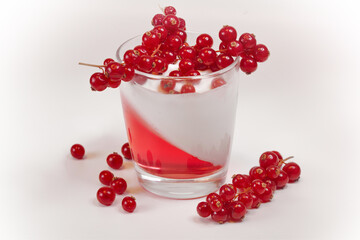 White delicious yogurt dessert with red currant berries and raspberry jelly. Healthy Breakfast, light snack. The concept of healthy eating.