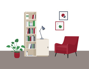 Interior of the living room in the style of minimalism with bright accents of colors. Home library. A chair next to a bookcase.