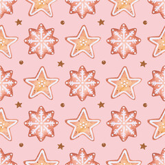 Christmas cookies with frosting watercolor seamless pattern on pink background