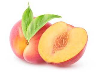 Isolated peaches. One whole pink peach with leaf and a half isolated on white background