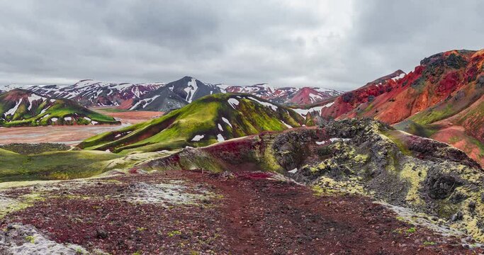 Panning over panoramic Icelandic landscape of colorful rainbow volcanic Landmannalaugar mountains, at famous Laugavegur hiking trail with dramatic snowy sky, and red volcano soil in Iceland