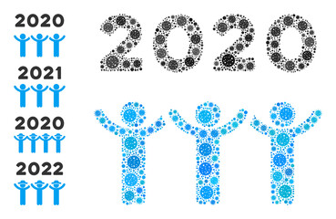 2020 dancing people covid virus mosaic icon. 2020 dancing people collage is composed with scattered cell icons. Bonus icons are added. Flat style.