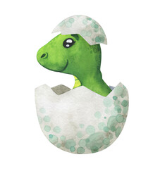 Green baby dinosaur hatched from an egg. Cartoon dinosaur in a shell. Children's watercolor illustration isolated on a white background. Cute character for decor, sticker, print with historical animal