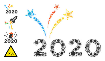 2020 fireworks coronavirus mosaic icon. 2020 fireworks collage is done with randomized viral pictograms. Bonus pictograms are added. Flat style.
