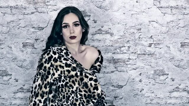 Ein Portr&auml;t von einer jungen Frau mit dunklen Haaren in einem Oberteil mit Leopardenprint. Graue Schattierung. Posing, Modeling.