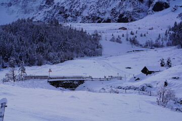 Fototapeta na wymiar a snowed in wood bridge and mountain road in the snow capped alps