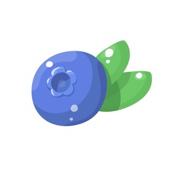 Cartoon blueberry with green leaves isolated on white background. Vector illustration
