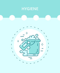Linear hygiene icon in a vector. Soap, water, bucket, soap suds.