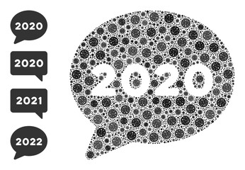 2020 message cloud bacteria mosaic icon. 2020 message cloud collage is made of scattered bacteria particles. Bonus pictograms are added. Flat style.