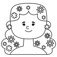 Black line art girl summer. Flat design for poster or t-shirt. Vector illustration