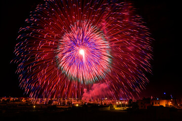 Fireworks. Colorful huge fireworks explode in dark sky background and house light in the far in...