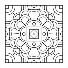 Floral Nature Motive - Coloring Book Vector Illustration In Black and White - Portuguese, Lisbon Tile