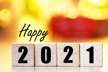 Hello 2021 year text made of wooden blocks
