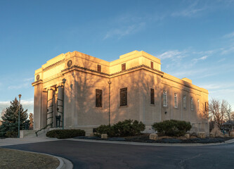 View of the Highlands Masonic Temple in Denver, Colorado, at sunset. Highlands Masonic Lodge was designed by brothers Merrill and Burnham Hoyt in 1927