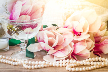 magnolia flowers with pearls