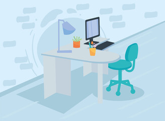 workplace with desk computer and keyboard vector design